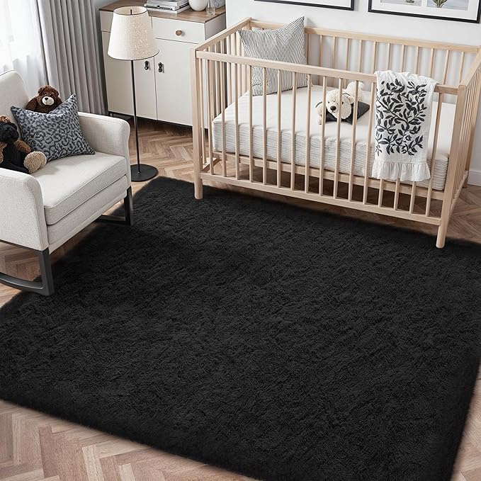 4x6 Area Rug for Living Room, Modern Black Super Shag Shaggy Soft Washable Fluffy Rugs Indoor Fuzzy Carpet for Bedroom Home Dorm Aesthetic Decor