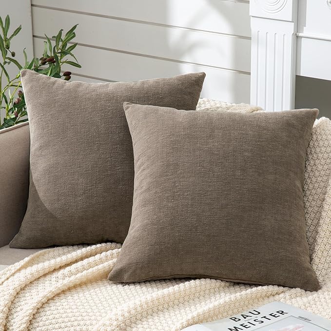 GAWAMAY Decorative Square Throw Pillow Covers 20"x20" Inch Set of 2, Super Soft Chenille Pillows Farmhouse Fall Pillowcase for Living Room Bedroom Sofa Couch Cushion Cover Taupe Grey 50x50cm