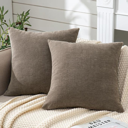 GAWAMAY Decorative Square Throw Pillow Covers Set of 2, Super Soft Chenille Farmhouse Fall Pillowcase for Living Room Bedroom Sofa Couch Home Decoration Cushion Cover Taupe Grey 55x55cm/22x22