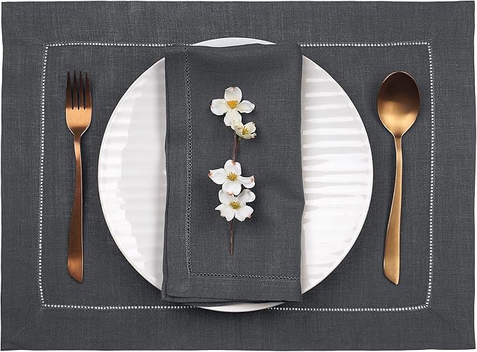 D'Moksha Homes Linen Placemats Set of 4 - Classic Hemstitch Charcoal Grey Placemats 14 x 19 Inch - 100% Pure Linen Table Mats for Fall, Autumn and Halloween - Handcrafted and Machine Washable