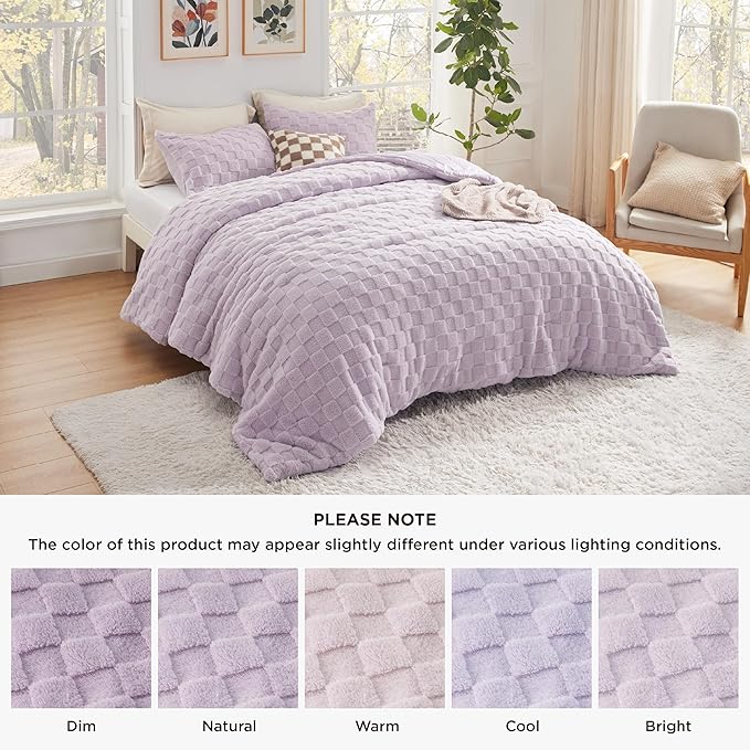 Bedsure Queen Fluffy Comforter Set, Light Purple Plush Fleece Bed Set, Checkered Farmhouse Boho Soft Warm Bedding for Winter, 3 Pieces, 1 Comforter (90"x90") and 2 Pillowcases (20"x26")