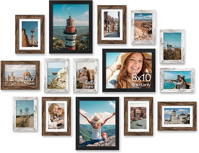 Vittanly 15 Pack Picture Frames Collage Wall Decor for Mounting or Tabletop, Gallery Frame Set for Family, Multi Sizes Including 3pcs 8x10, 6pcs 5x7, 6pcs 4x6, Black, Brown and Distressed White