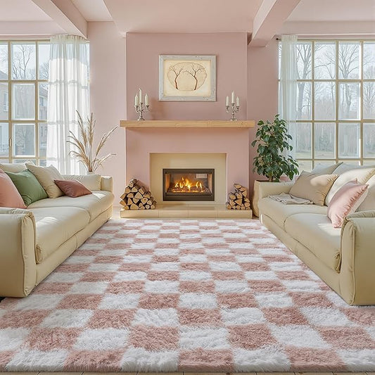 Checkered Rug 8x10 for Living Room, Pink and White Modern Shag Rug Washable Non-Slip Large Area Rug Super Soft Indoor Fuzzy Carpet Fluffy Rugs for Bedroom Home Aesthetic Decor