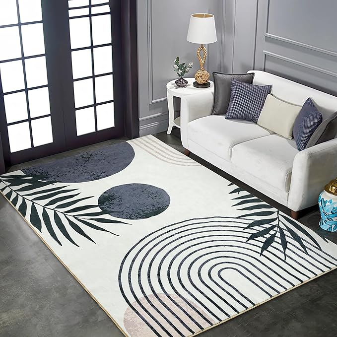 RoomTalks Mid Century Boho Washable 4x6 Rug, Black Vintage Cute Aesthetic Area Rugs Carpet for Kitchen Entryway Bedroom Living Room Office, Abstract Contemporary Botanical Leaves Thin Indoor Rug
