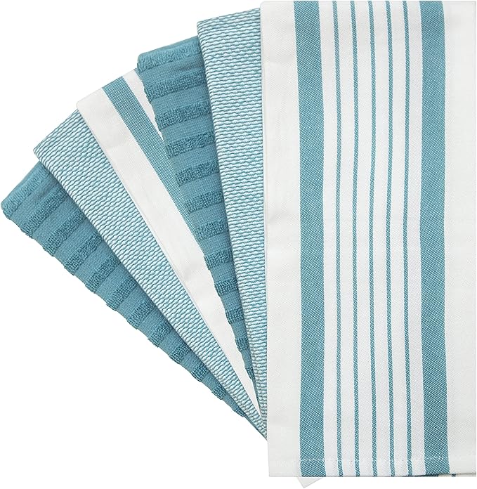 Premium Kitchen Towels (20”x 28”, 6 Pack) – Large Cotton Kitchen Hand Towels – Flat & Terry Towel – Highly Absorbent Tea Towels Set with Hanging Loop (Aqua)