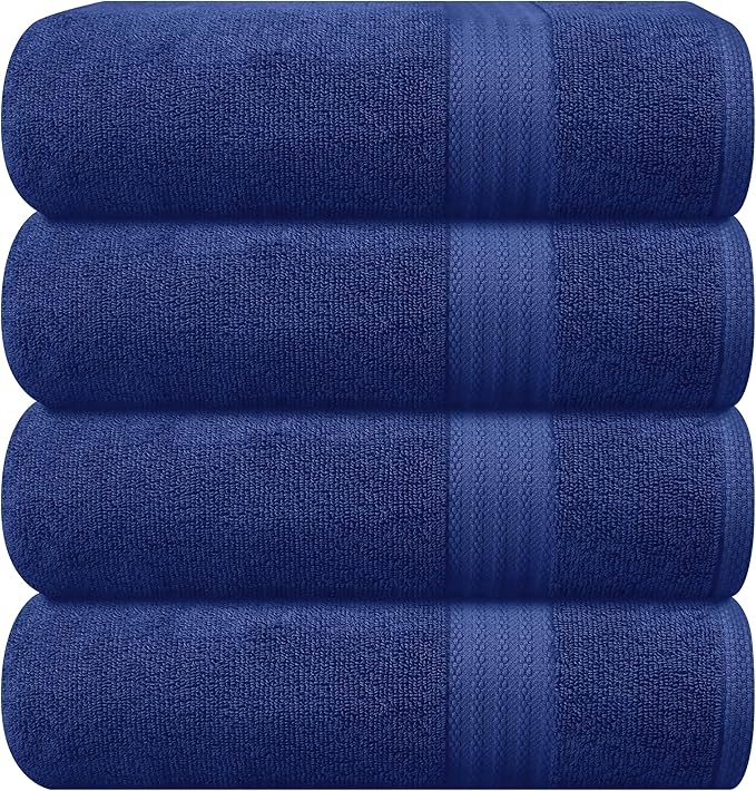 GLAMBURG Premium Cotton 4 Pack Bath Towel Set - 100% Pure Cotton - 4 Bath Towels 27x54 - Ideal for Everyday use - Ultra Soft & Highly Absorbent - Navy