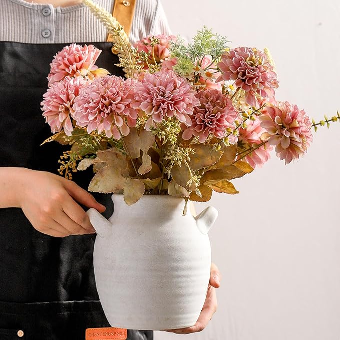 Ceramic Flower Vase Home Decor - Farmhouse Table Vases with Handle Living Room Decoration Vintage Decorative Aesthetic for Shelf Coffee Dining Desk House Bookshelf Fireplace (7.1" Rustic)