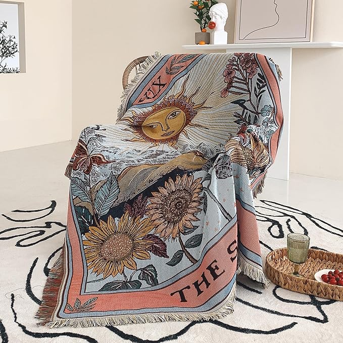 Boho Throw Blanket Reversible Cotton Bohemian Tapestry Hippie Room Decor Double Sided (Boho The Sun 50"x60")