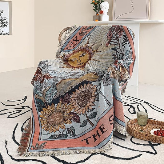 Boho Throw Blanket Reversible Cotton Bohemian Tapestry Hippie Room Decor Double Sided (Boho The Sun 50"x60")