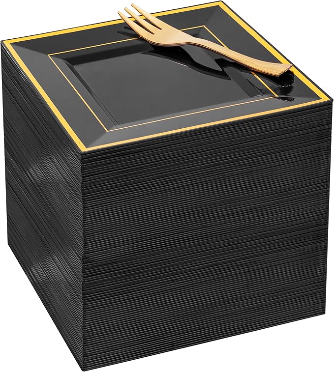 WDF 200PCS Black and Gold Plastic Dessert Plates with Plastic Forks -6’’ 100 Square Disposable Appetizer Plates Small Plate Cake Plate with Gold Rim for Halloween