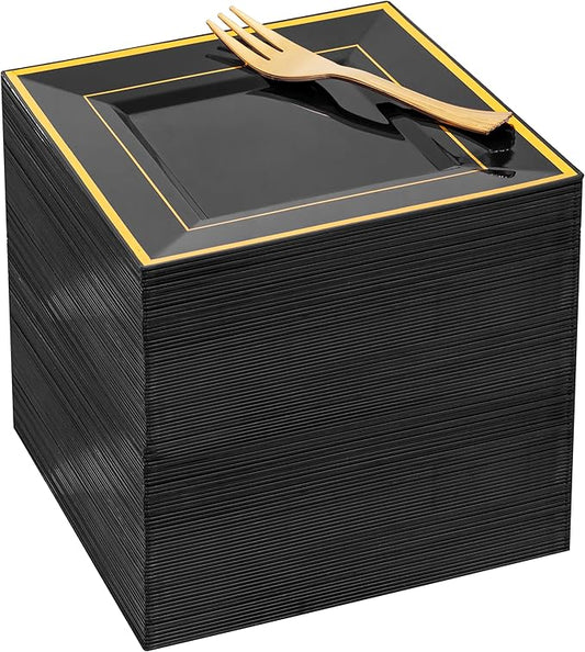 WDF 200PCS Black and Gold Plastic Dessert Plates with Plastic Forks -6’’ 100 Square Disposable Appetizer Plates Small Plate Cake Plate with Gold Rim for Halloween