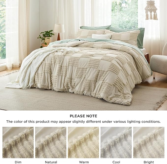 Bedsure Full Size Comforter Set Linen, Boho Tufted Bed Set, Grande Checkered Farmhouse Shabby Chic Bedding, 3 Pieces, 1 Plaid Geometric Comforter and 2 Pillow Shams