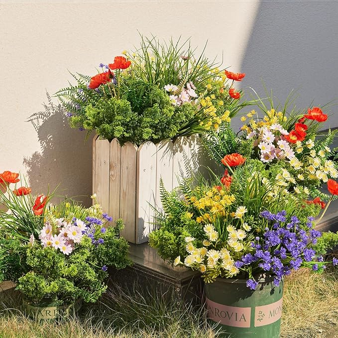 23Pcs Outdoor Artificial Boxwood UV Resistant Fake Stems Plants, Faux Plastic Greenery for Indoor Outside Hanging Plants Garden Porch Window Box Home Wedding Farmhouse Décor