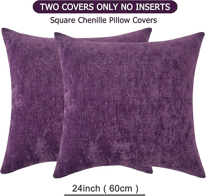 GAWAMAY Decorative Chenille Throw Pillow Covers 24x24 Inch Pack of 2, Soft Square Couch Pillow Cover for Sofa Cushion Living Room Bedroom Solid Dyed Pillowcases Purple 60x60cm (ONLY Covers)