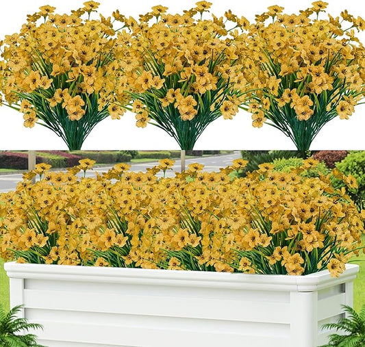 Lnoicy 12 Pcs Artificial Flowers for Outdoor,Plastic Flowers Decoration, UV Resistant Faux Flowers Shrubs, Artificial Plants for Indoor Outside Garden Home Wedding Farmhouse(Yellow)