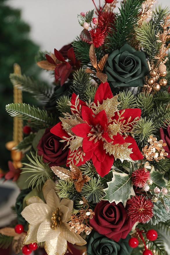 Serra Flora Artificial Christmas Flowers Greenery Combo Box Set Faux Flowers Bulk Flower Leaf with Stems for DIY Tree Ornaments Xmas Wreath Floral Arrangements Centerpieces