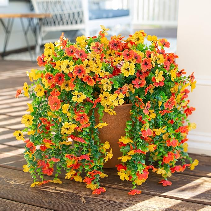 Artificial Flowers for Outdoors Decoration, 2Pcs Fake Hanging Spring Decor, Yellow and Orange Realistic Plants, UV & Fading Resistant Silk Flower for Porch Patio Balcony Planter Yard