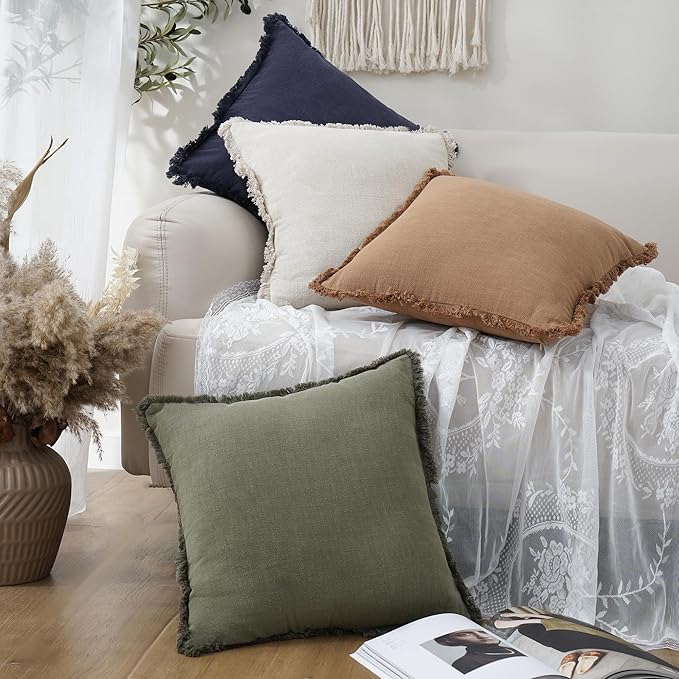 Foindtower Set of 2 Decorative Linen Fringe Throw Pillow Covers Cozy Farmhouse Boho Cushion Cover with Tassels Soft Accent Pillowcase for Couch Sofa Bed Living Room Home Decor 20×20 Inch Olive Green