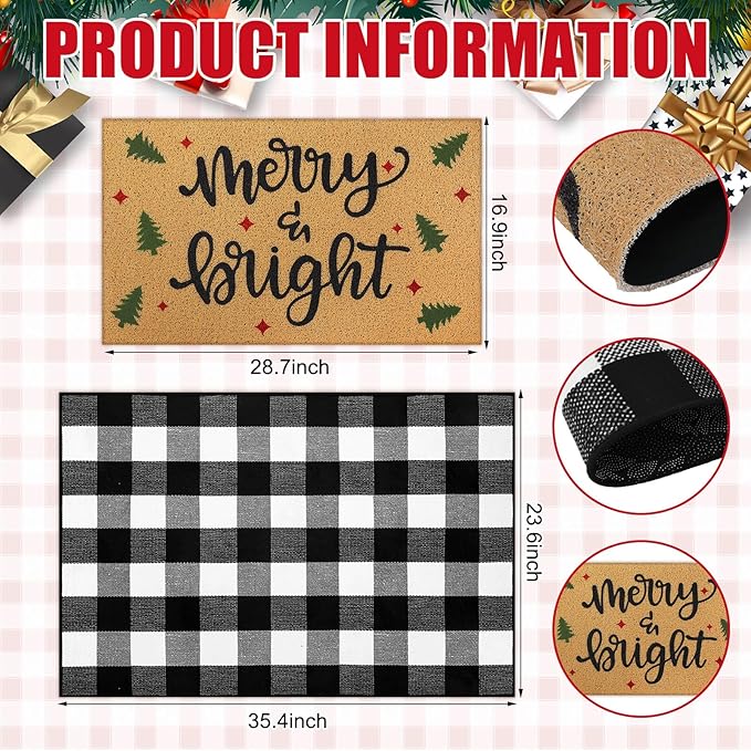 2 Pcs Christmas Welcome Door Mat Merry Bright Outdoor Welcome Mats for Front Door Non Slip Xmas Tree Coir Floor Mat Black White Check Christmas Rug for Outside Front Porch Entryway Decor