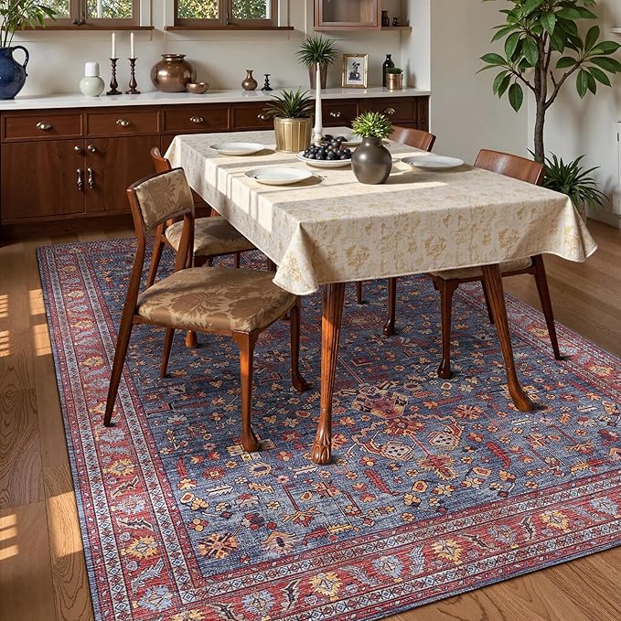 Washable Area Rug 9' x 12' Vintage Traditional Persian Mat - Foldable Distressed Non-Slip Machine Washable Carpet for Living Room Bedroom Kitchen Home Decor - Indigo and Crimson