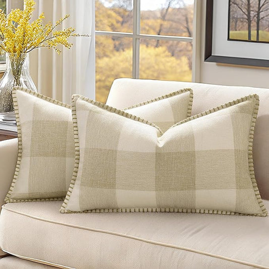 decorUhome Christmas Buffalo Plaid Check Throw Pillow Covers 12x20 Set of 2, Outdoor Linen Decorative Farmhouse Gingham Pillow Covers with Stitched Edge for Bed Couch Sofa, Cream White and Beige