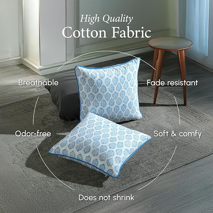CPC 100% Cotton Throw Pillow Covers 20x20 Inch, Set of 2 Green Block Print Pattern Couch Pillow, Cute Boho Decorative Pillows for Living Room, Bedroom with Hidden Zipper- Royal Blue
