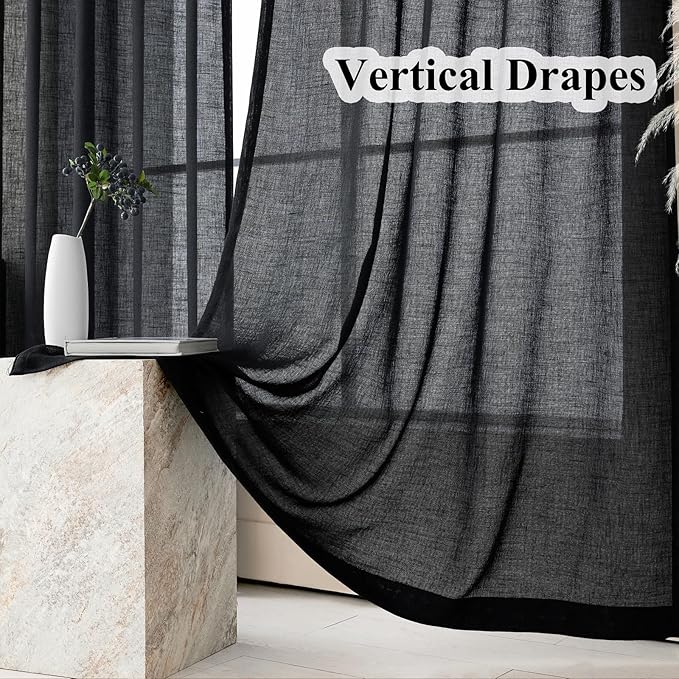 Black Semi Sheer Curtains 84 Inches Long, Linen Textured Light Filtering Drapes for Living Room Bedroom, Dark Moody Modern Farmhouse Window Decor, Pinch Pleat Curtain with Hooks