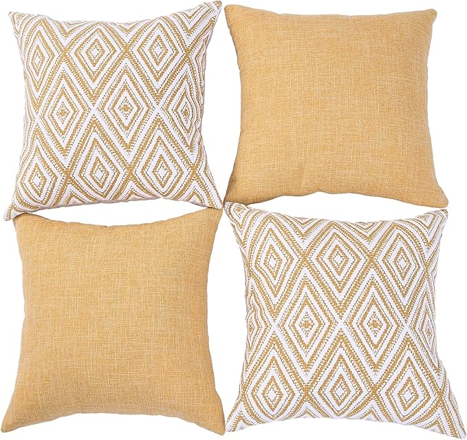 HPUK Decorative Throw Pillow Covers Set of 4 Geometric Design Linen Cushion Cover for Couch Sofa Living Room, 18"x18" inches, Ochre