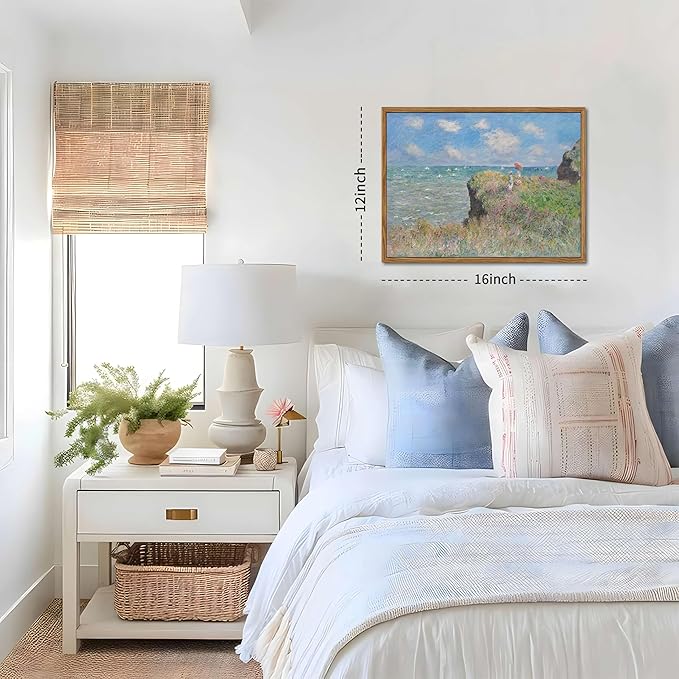 Framed Vintage Monet Wall Art Coastal Decor – Impressionist Seaside Oil Painting Canvas Prints – Nature Beach Scene Landscape Aesthetic Wall Decor for Living Room Bedroom Bathroom – 12"x16"