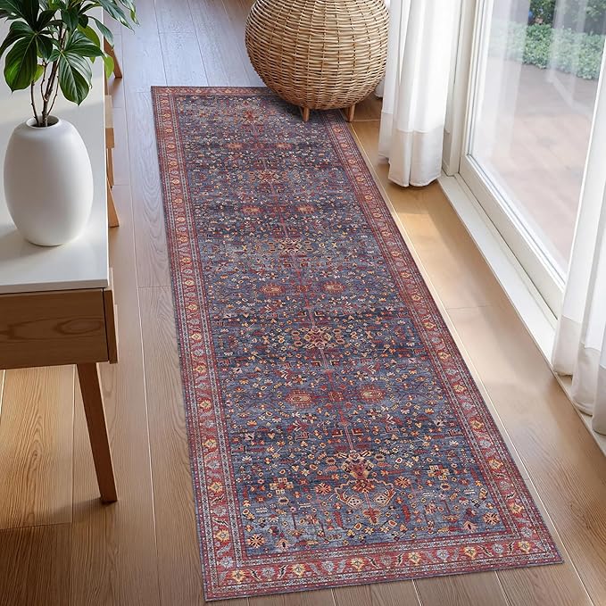 Washable Area Rug 2'6'' x 8' Vintage Traditional Persian Mat - Foldable Distressed Non-Slip Machine Washable Carpet for Living Room Bedroom Kitchen Home Decor - Indigo and Crimson