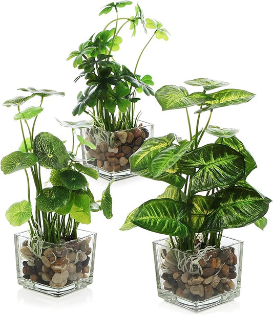 MyGift Set of 3 Fake Plants, Small Artificial Potted Plants Indoor in Clear Glass Pot, 9.5 Inch Faux Plant for Home Decor