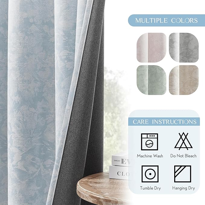 Beauoop Blue Floral Jacquard Blackout Curtains 72 Inches Long 2 Panels for Bedroom Living Room Chenille Flower Room Darkening Thermal Insulated Soundproof Grommet Window Treatments Drapes, 52x72