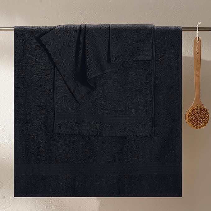 GLAMBURG Ultra Soft 8-Piece Towel Set - 100% Pure Ringspun Cotton, Contains 2 Oversized Bath Towels 27x54, 2 Hand Towels 16x28, 4 Wash Cloths 13x13 - Ideal for Everyday use, Hotel & Spa - Black