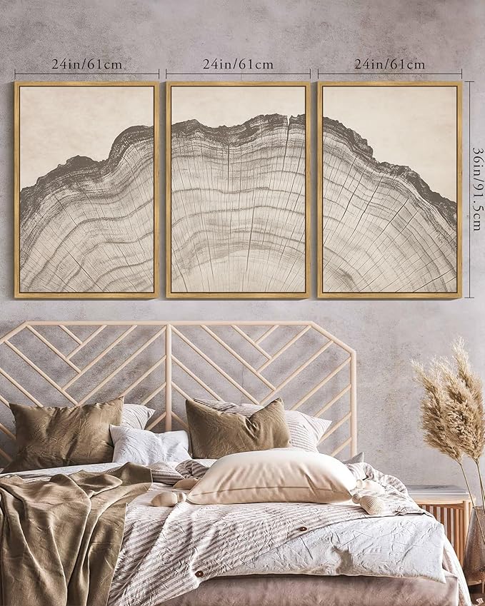 KUVIOKE Boho Vintage Antique Tree Wall Art Framed Neutral Retro Tree Rings Wood Prints Rustic Nature Illustrations Bedroom Living Room 24x36in (Natural Framed)