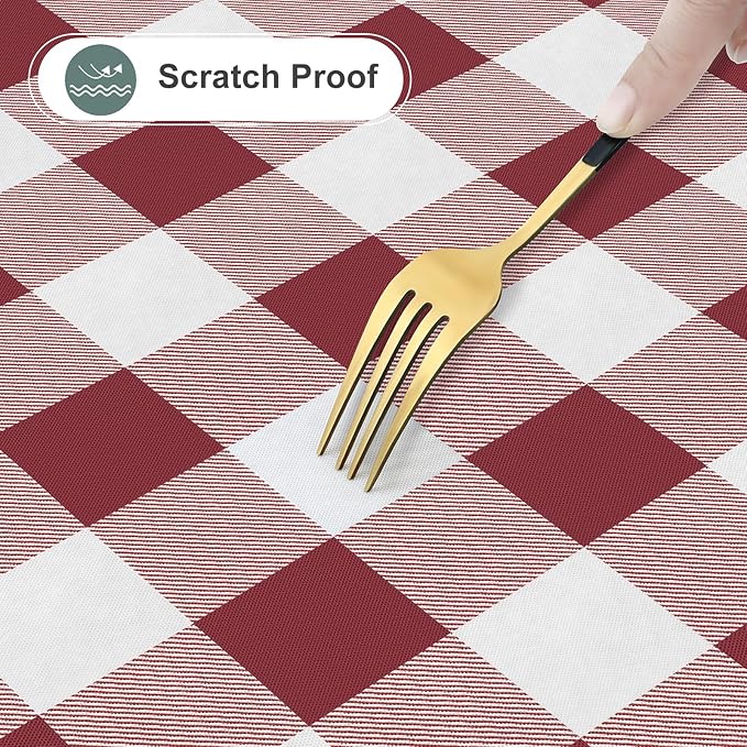 misaya Round Waterproof Vinyl Table Cloth, Buffalo Flannel Backed Tablecloth, Wipeable Plastic Table Cover for Dinner, Kitchen, Picnic (60", Burgundy and White)