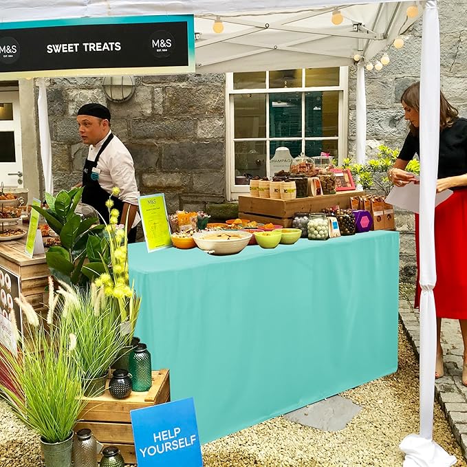 HolidayIdeas Open Back Fitted Tableclothss for 4 Foot Rectangle Table, Wrinkle Resistant Washable Table Covers 24x48 Inch for Craft Fairs, Banquets, Trade Show Display, Aqua,4 Pcs