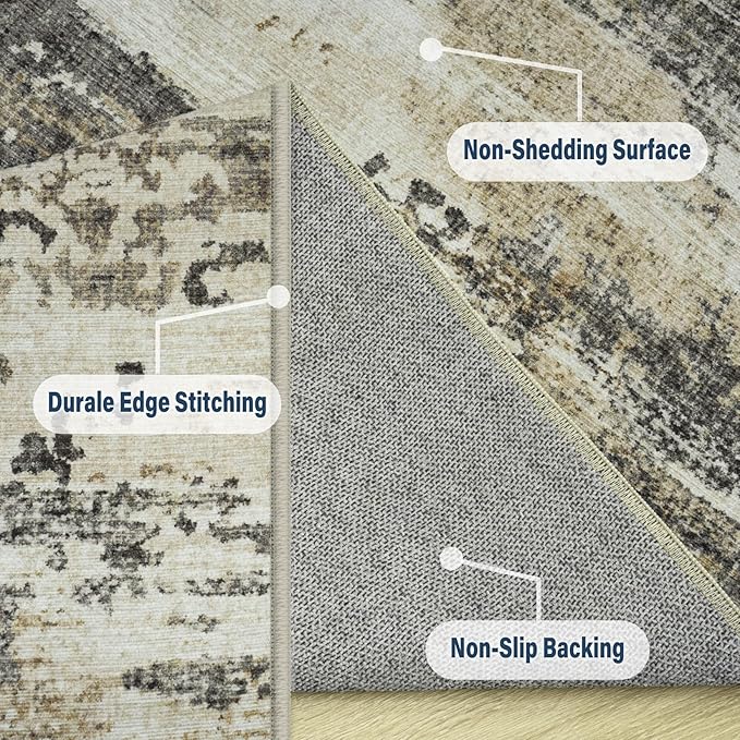 Area Rugs 9x12 Living Room: Large Machine Washable Area Rug with Non Slip Backing Non Shedding Abstract Stain Resistant Carpet for Bedroom Dining Room Nursery Home Office - Beige/Brown