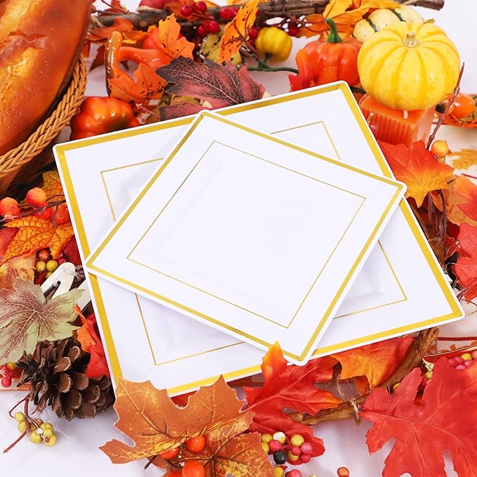 WDF 125pcs Gold Plastic Plates Set - Gold Rimmed Dinner & Salad Plates, Silverware (25 Forks, Knives, Spoons) for Thanksgiving