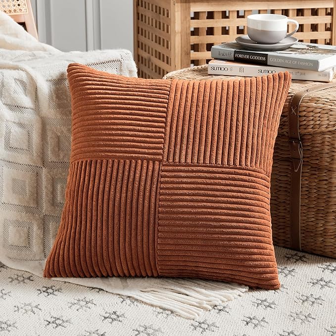 Fancy Homi 4 Packs Rust Boho Decorative Throw Pillow Covers 18x18 Inch for Couch Bed Sofa, Farmhouse Fall Home Decor, Soft Cross Corduroy Patchwork Textured Terracotta Accent Cushion Case 45x45 cm