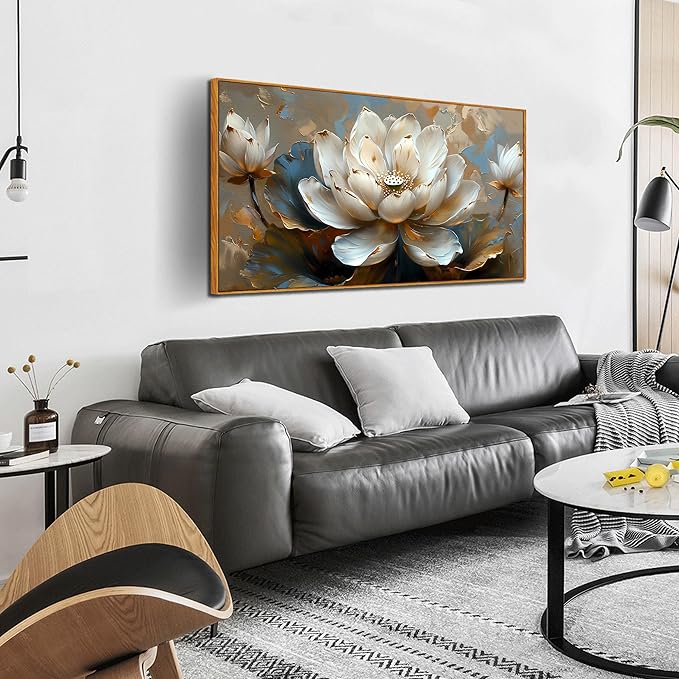 Lotus Canvas Wall Art - White Flower Painting - Modern Framed Art Size 24" x 48" for Living Room
