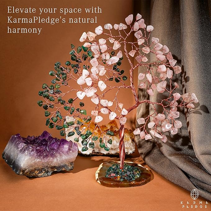 Crystal Tree for Women Office Decor, Handmade Green Aventurine & Rose Quartz Healing Stones Tree of Life for Positive Energy, Money, Good Luck, Feng Shui Home Decor, Spiritual Gifts for Women