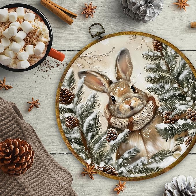 CUANFDDSF Vintage Boho Winter Bunny Round Wall Art Decor, Rustic Cottagecore Rabbit Pinecones Wall Hanging Frame Decor, Farmhouse Winter Bunny Canvas Prints Decorations for Home Bedroom, 10x10 Inch