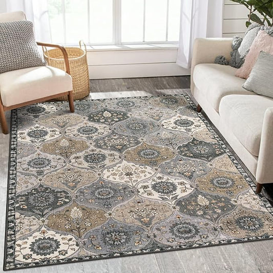 Lahome Moroccan Trellis Washable Area Rugs, 3x5 Rug for Bedroom Entryway Indoor Non-Slip, Small Oriental Accent Carpet for Living Room Kitchen Bathroom Office, Grey