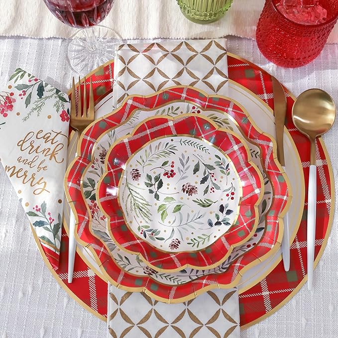 Kate Aspen 62pc Christmas Tableware Set Holiday Dinner Party Kit - 16pcs 7 inch & 9 inch Heavy Duty Disposable Party Plates, 30pcs 6.5 inch Durable Paper Napkins