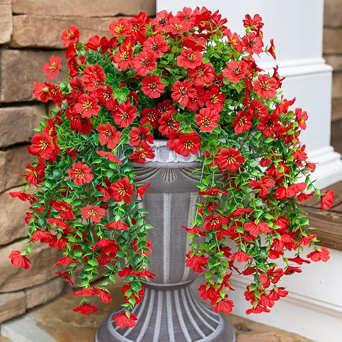 HyeFlora Artificial Hanging Flowers for Outdoors Decoration, 2Pcs Red Fake Spring Summer Decor, Realistic Plants, UV & Fading Resistant Flower for Porch Patio Balcony Planter Yard Home Garland