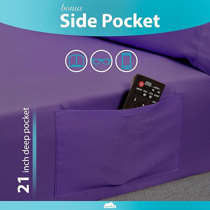 DREAMCARE Full Size Sheets - Cooling Bed Sheets - 4pcs Set - Full Sheet Set - Sheets Full Size Bed - Full Size Sheet Sets - Soft & Long Lasting 100% Fine Brushed Polyester with Side Pocket - Purple