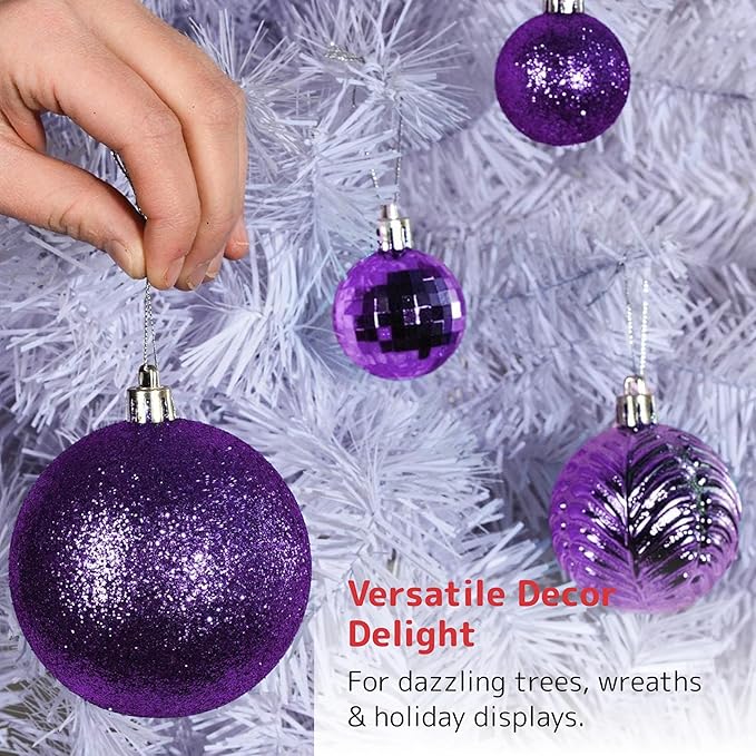 PREXTEX 36-Piece Purple Christmas Ornaments Set - Shatterproof Plum Xmas Tree Balls - 6 Styles, 3 Sizes with Hanging Loops to Decorate Christmas Tree Ornaments for Indoor and Outdoor Holiday Decor