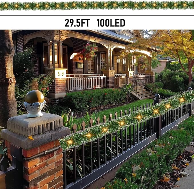 TW SHINE 30 FT Pre-Lit Christmas Garland Decorations, 100 LED Lighted Artificial Pine Garlands with 8 Modes, Green Garland for Indoor Outdoor Door Home Stairs Holiday Decor, Warm White