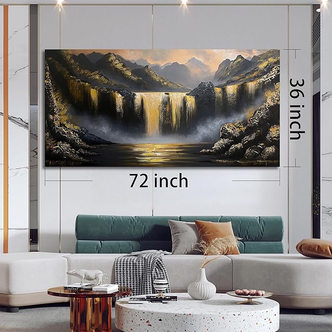 Waterfall Hand Painted Oil Painting On Canvas For Living Room - Black White and Gold Wall Decor For Bedroom - Huge Canvas Wall Art For Office Size 36 x 72 Inch