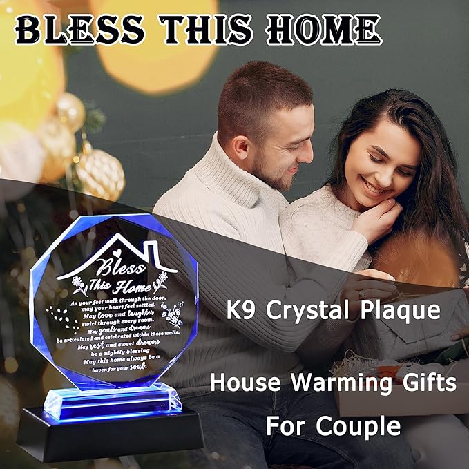 House Warming Gifts New Home Crystal Plaque with Colorful Base Bless This Home Decor HouseWarming New House Present For Family, Couple, Women Keepsakes Decor